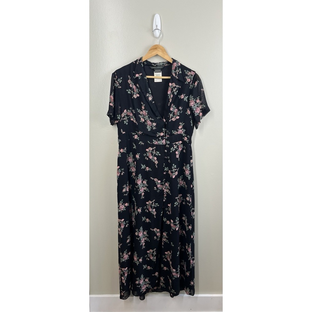 Laura Ashley Vtg Dark Floral Dress Romantic Midi Button Front Slit Sz 10
